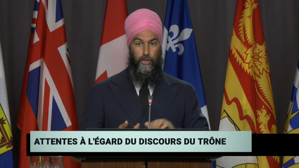 À la une : Le chef du NPD Jagmeet Singh s’adresse aux médias avant le discours du Trône